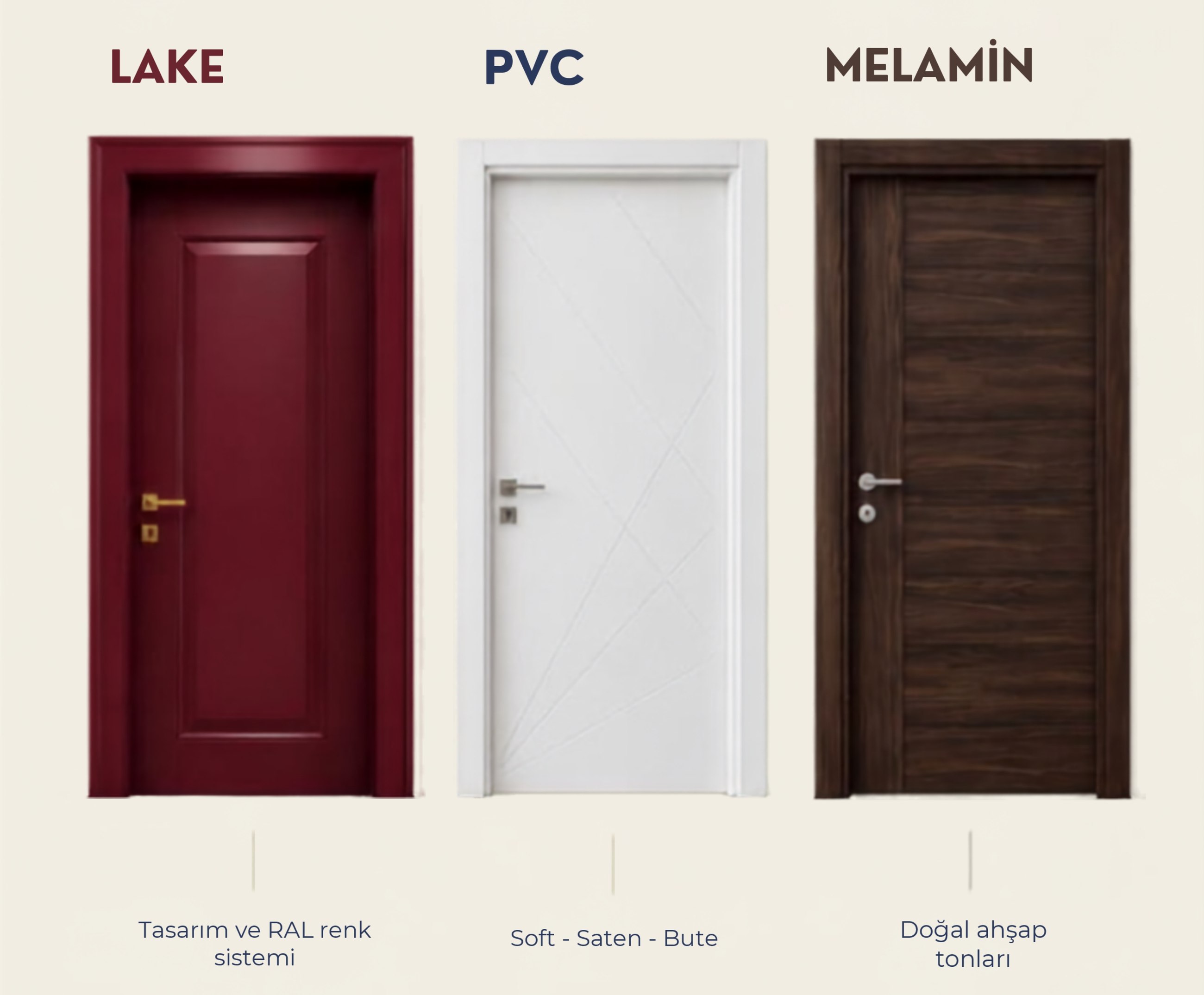 LAKE, PVC ve MELAMİN koleksiyonlarından bordo, beyaz ve ceviz renkli üç kapı